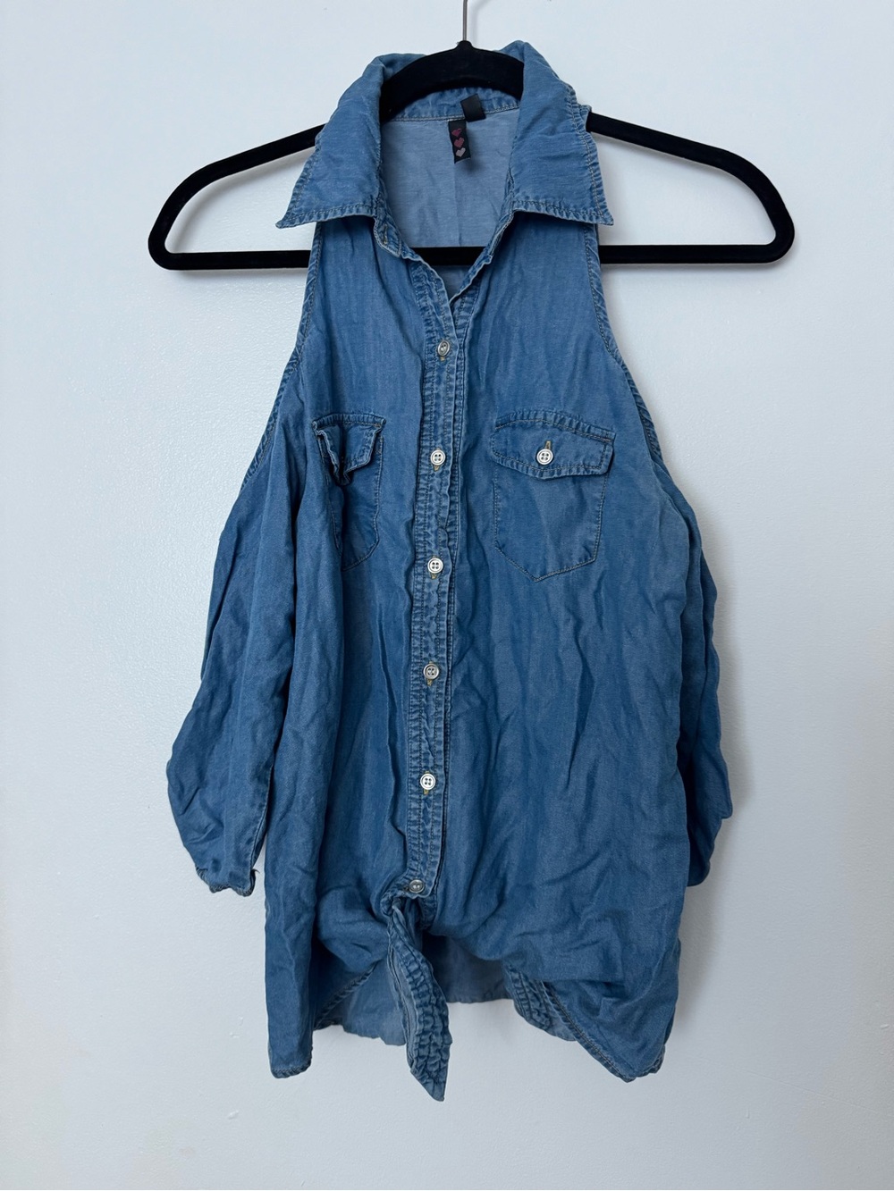 Sleeveless Tie-Front Denim Button-Down Shirt